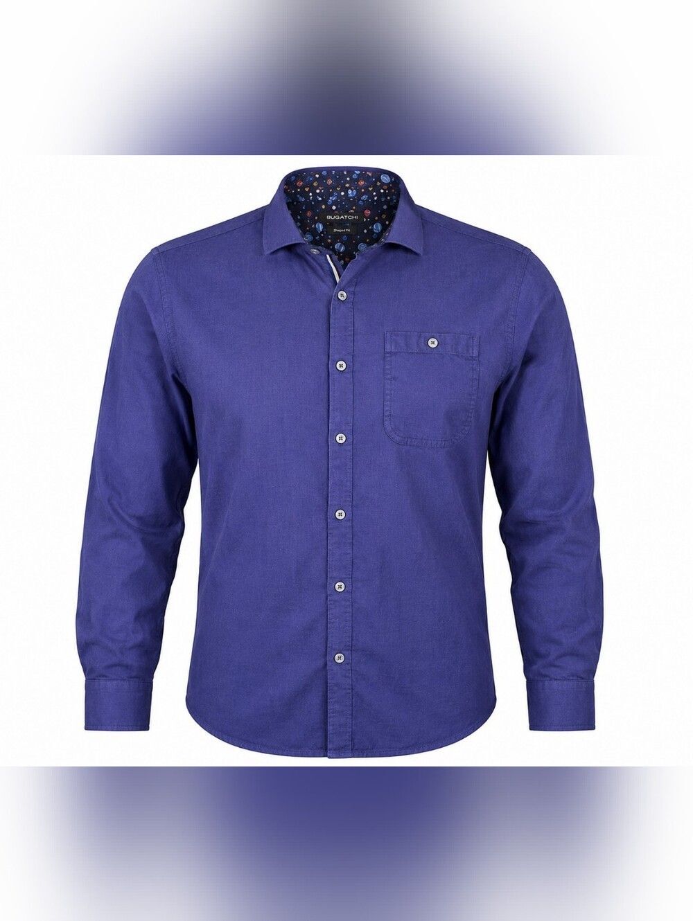 Bugatchi Men's Shaped 100% Cotton Fit Blue Button Up Shirt Space Print Trim Sz L
